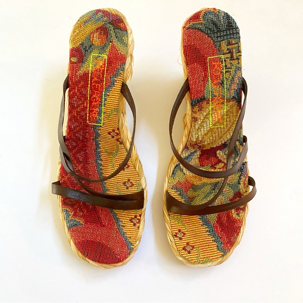 ROBERT CLERGERIE BROWN LEATHER STRAPS OPEN TOE BRAIDED ESPADRILLE WEDGES - Picture 4 of 9